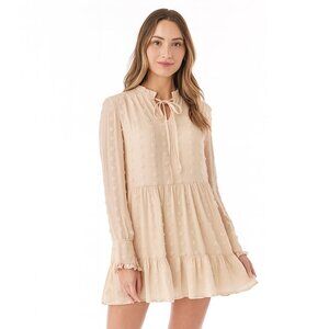Listicle Beige Mini Dress Long Sleeve Textured Dot Ruffle Hem Tie Neck M
